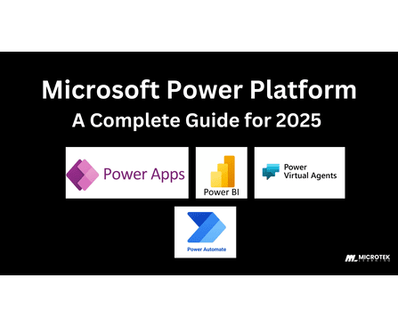 Banner image titled "Microsoft Power Platform: A Complete Guide for 2025" with a black background, featuring Power Apps, Power BI, Power Automate, and Power Virtual Agents logos.